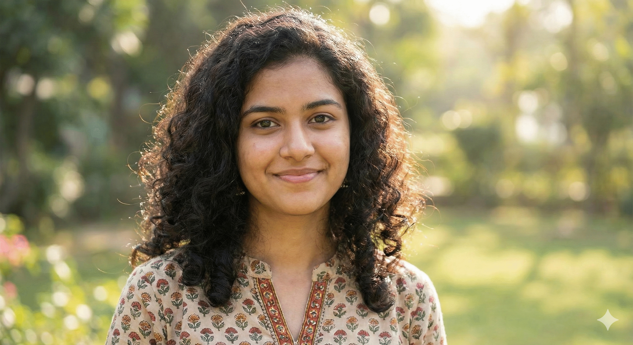 Headshot of a smiling young Indian female student with curly hair standing outdoors.