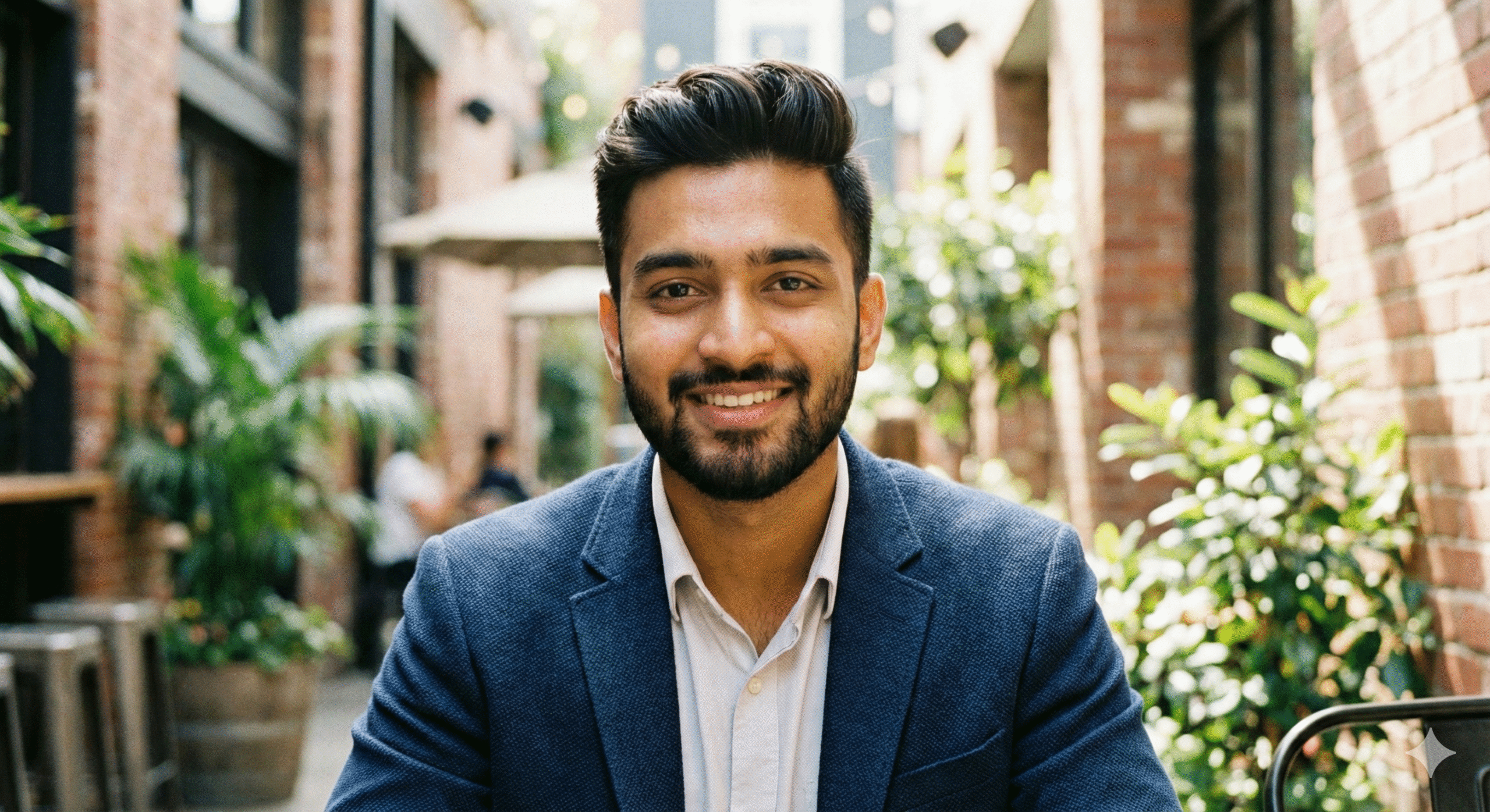 A medium close-up photograph of a smiling young South Asian man with a short beard, wearing a navy blue blazer over a white shirt, seated outdoors on a patio with brick walls and potted plants in the background.