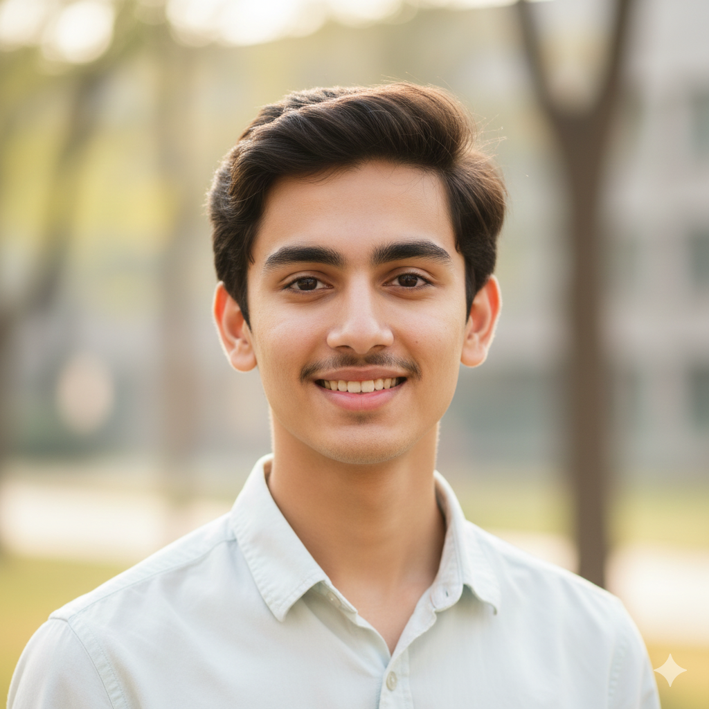 A headshot of a smiling young Indian male, appearing to be around 18 years old, with dark hair, a light mustache, and wearing a light-colored collared shirt. He is looking directly at the camera with a friendly expression. The background is softly blurred with hints of green and light, suggesting an outdoor setting.