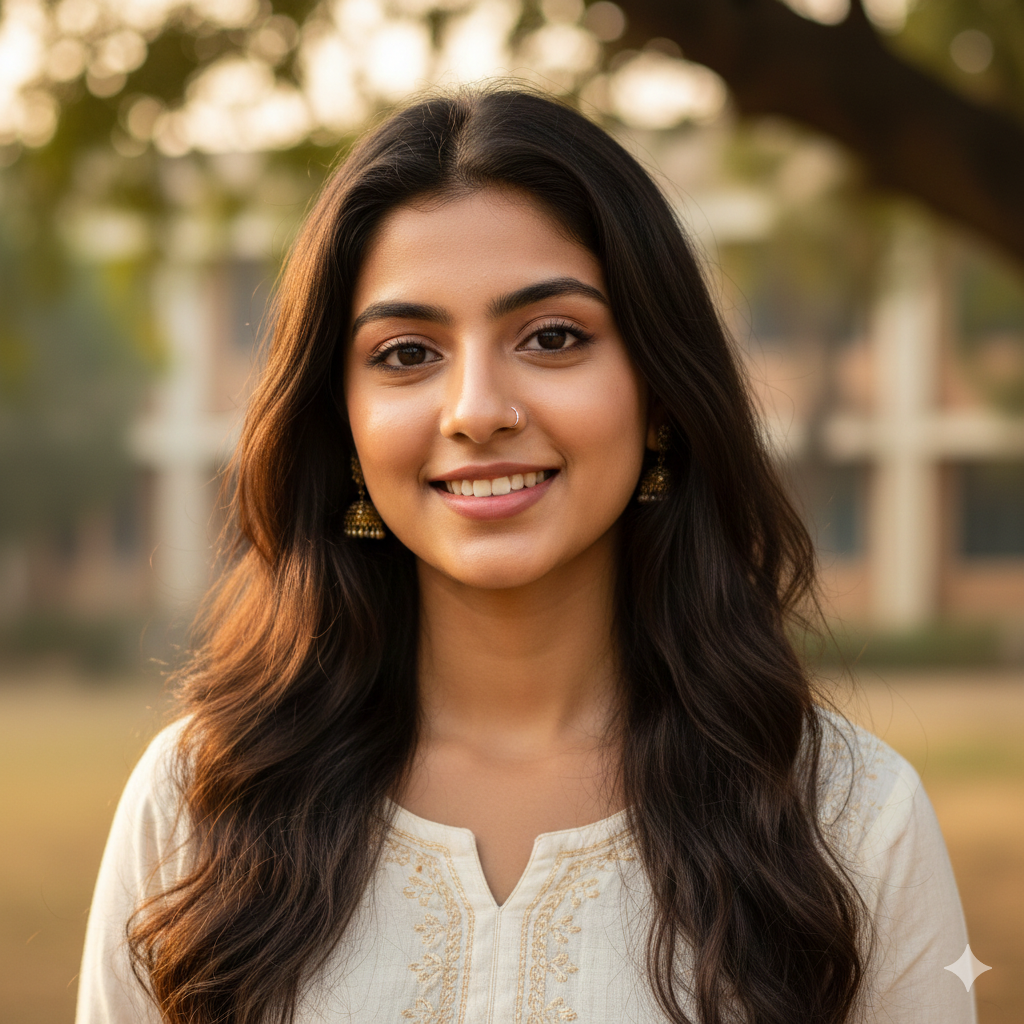 A headshot of a smiling young woman, appearing to be of South Asian descent, with long dark wavy hair, wearing a white embroidered top and gold jhumka earrings. She has a nose piercing and is looking directly at the camera with a warm expression. The background is softly blurred, showing hints of trees and buildings, suggesting an outdoor or campus setting.