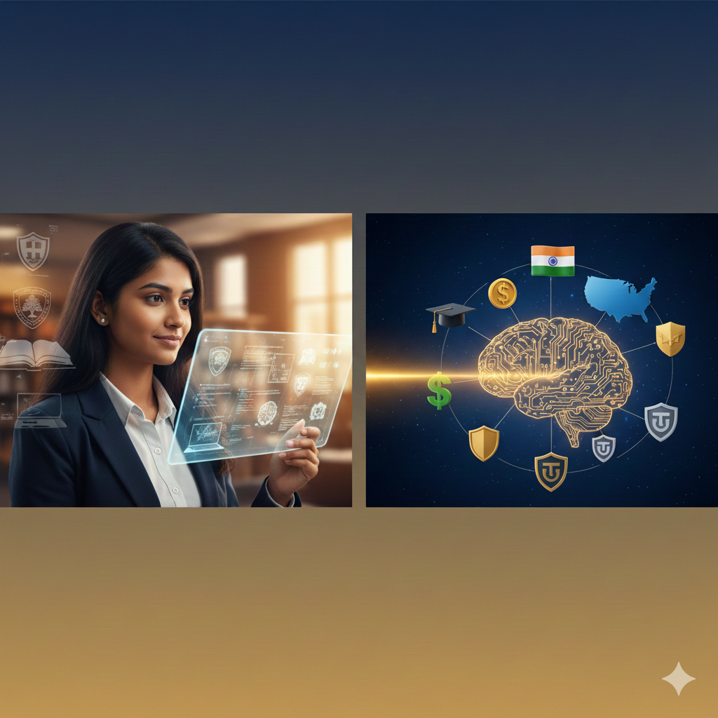 Indian student using transparent AI interface to find US scholarship match, with a graphic brain connecting the Indian flag, US map, graduation cap, and money symbols, representing PGadmit's personalized service.